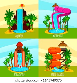 Aqua park flat design concept with theme water slides pools and palm trees isolated vector illustration
