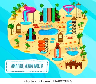 Aqua park flat scheme of entertaining objects stalls with cocktails and pools on blue background vector illustration