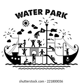 Aqua Park Flat Vector Illustration. Pictogram Icons Of Children Playing In A Water Park. Children Play On Playground. Pictogram Icon Set.