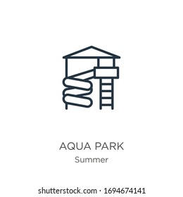 Icono del parque acuático. Icono de contorno lineal delgado del parque acuático aislado en fondo blanco de la colección de verano. Signo vectorial de línea, símbolo para web y móvil