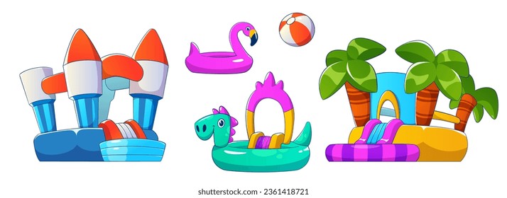 Aqua park inflatable water slide and trampoline, ball and ring for kids activity. Cartoon vector illustration set of bouncy attraction for amusement pool concept - castle and island with palm trees.