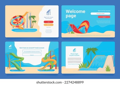 Aqua park internet advertising landing page design template set vector illustration. Waterpark slide swimming pool palm tree summer resort tunnel tube recreation aquapark extreme family attraction