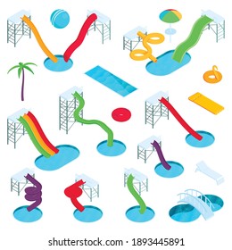Aqua park isometric color icons set of water slides and tubes lifebelts umbrella and beach palms isolated vector illustration
