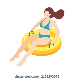 Aqua Park isometrische Zusammensetzung mit menschlichem Charakter von Aquapark-Besucher auf unscharfem Hintergrund, Vektorgrafik