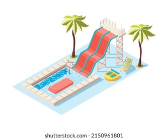 Aqua park isometric composition with view of aquapark scenery with play equipment on blank background vector illustration
