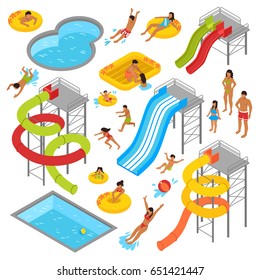 Aqua park isometric icons set with people in swimsuits resting swimming sunbathing and waterpark construction isolated vector illustration