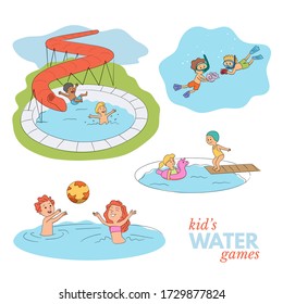 Aqua park kids water entertainment. Fun scene cartoon set. Happy childhood. Children in swimsuits rest swimming, sunbathing, diving, tubing, jumping from board. Active recreation. Vector illustration