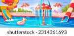 Aqua park with pool and kid slide in water vector background. Summer aquapark playground amusement for child to play, swim. Mushroom fountain splash and pipeline activity. Sunbed or lounger in hotel