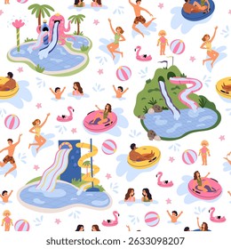 Aqua park seamless pattern. Men, women and children relaxing at waterpark attractions. Aquapark repeat print. Water slides and swimming pool. Summer beach. Inflatable laps and balls. Vector background