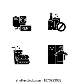 Aqua park service black glyph icons set on white space. Action camera rental, eating areas, changing cabins and alcohol restriction. Waterpark rest silhouette symbols. Vector isolated illustrations