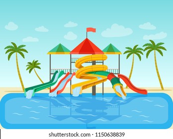 Aqua park with sliders, pool and palm trees. Vector flat style illustration