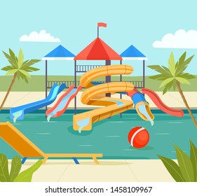 Aqua park with sliders, pool and palm trees. Vector flat  illustration