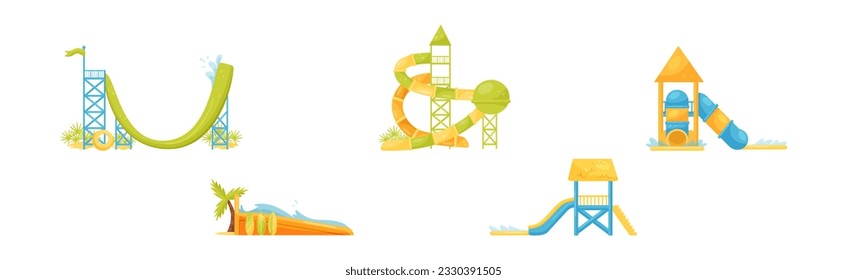 Aqua Park Slides and Enjoying Attraction Vector Set