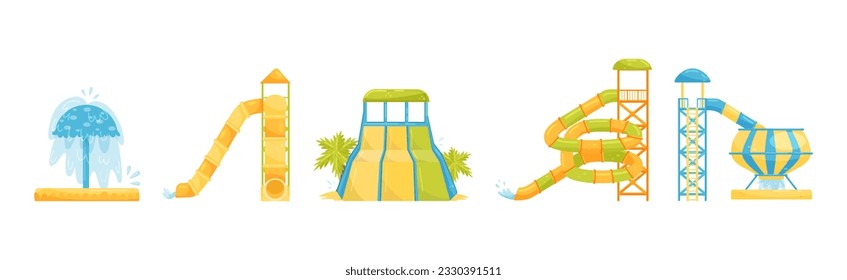 Aqua Park Slides and Enjoying Attraction Vector Set