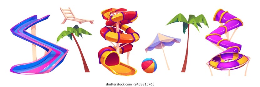 Aqua park slides set isolated on white background. Vector cartoon illustration of water park design elements, amusement equipment for swimming pool, inflatable ball, tropical palm trees, parasol