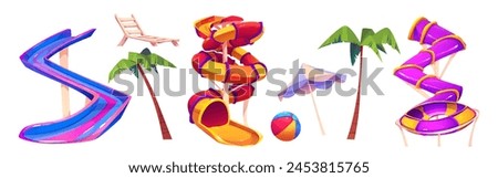 Aqua park slides set isolated on white background. Vector cartoon illustration of water park design elements, amusement equipment for swimming pool, inflatable ball, tropical palm trees, parasol