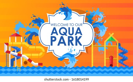 Aqua Park Vector Illustration. Typographic Poster Template, Water Park Advertisement Flyer. Invitation To Aqua Park, Summer Activity For Family With Children. Flat Style Background With Place For Text