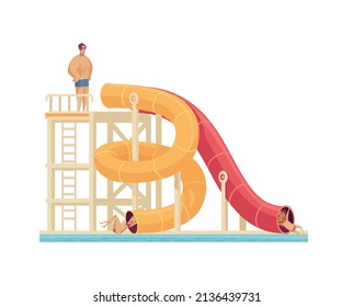 Aqua park visitors enjoying attractions comic cartoon composition with water slide and human characters vector illustration