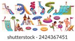 Aqua park visitors. Extreme waterpark attractions, family entertainment, colored plastic slides, lifeguard and happy people, swimming children cartoon flat style isolated tidy vector set