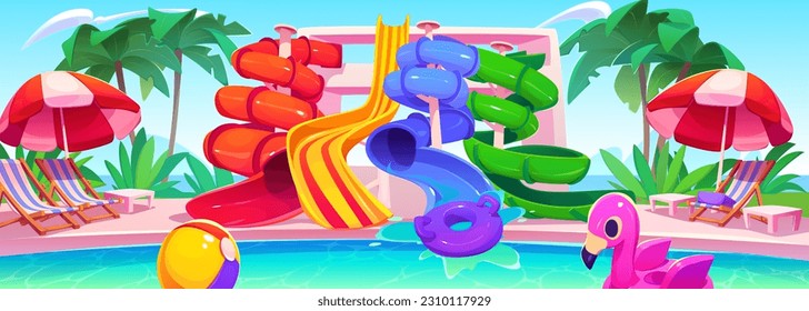 Aqua park with water slide summer vector cartoon illustration. Swimming pool in waterpark for family amusement. Inflatable lifebuoy and plastic screw pipeline outdoor entertainment near palm tree
