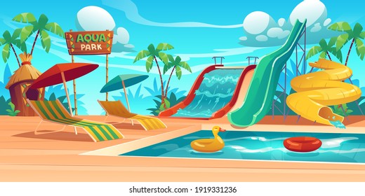 Aqua park with water slides, swimming pool, loungers and umbrellas. Vector cartoon tropical landscape with resort aquapark with colorful spiral pipe waterslides and inflatable rings