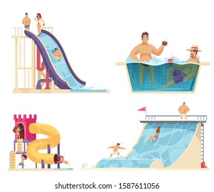 Aqua park weekend holiday concept 4 comics compositions with family friends enjoying  water attractions isolated vector illustration 