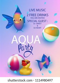 Aqua party banner with fishes and inflatable toys. Vector illustration