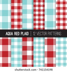 Patrones vectoriales de Aqua Red Gingham y Checks Plaid. Antecedentes de Navidad. Tela De Mesa De Color Azul Blanco Rojo. Relojes De Mosaico Incluidos.