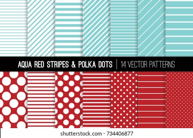Aqua Red Polka Dot and Diagonal and Horizontal Stripes Vector Patterns. Tiny and Jumbo Polka Spots and Various Thickness Lines. Tile Swatches Included.