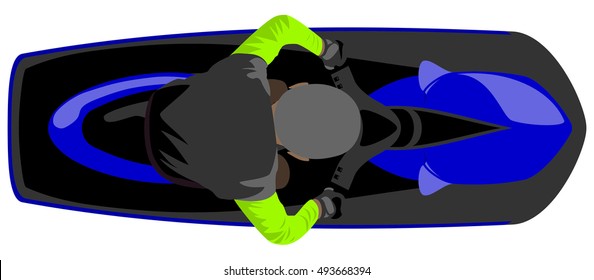 Aqua scooter bike with driver in vest isolated illustration top view