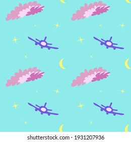 Aqua seamless pattern with moon, stars, plane and clouds. Design for wallpaper and wrapping, fabric and textile. Vector illustration.