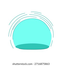 Escudo semicircular aqua criando uma barreira protetora ou apresentando um espaço volumétrico com linhas dinâmicas que sugerem movimento, energia e segurança digital