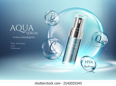 Aqua skin care cosmetic ad promoting poster template. Underwater  blue sunlight ray bubble vector and deep sea realistic background 3d illustration.