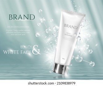 Aqua skin care creme cosmetic ad promotion poster template. Underwater deep sea blue sunlight ray effect white silver vector promo illustration 3d realistic background art