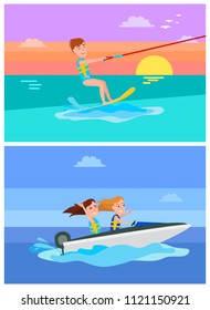 Aqua sport summer collection, kitesurfing or boating, boy and girls happy of holidays, activities set cartoon vector illustration isolated on blue.