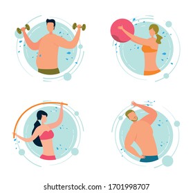 Aqua Sport, Water Aerobics. Man Exercising With Dumbbell, Woman Using Pool Noodle, Girl Holding Big Ball In Swimming Pool. People In Fitness Class Flat Cartoon Vector Illustration.