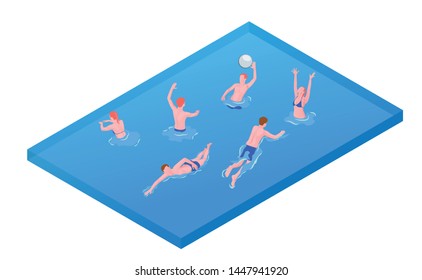 Aqua sports games recreation activities isometric composition with water polo mixed team payer throwing ball vector illustration 