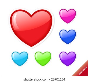 Aqua style set of vector heart icons. Different colors, any size.
