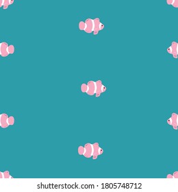 Aqua Teal Seamless vector repeat pink ocean animals pattern. This pattern has clown fishes.