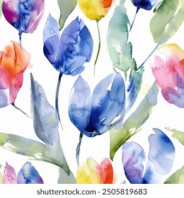 Aqua Terra Brown French Grey White Abstract Purple Wild Tulip Flower Elegant Leaf Watercolor Scandinavian Design Seamless Pattern Wallpaper Curtain Bedding Upholstery Pastel Fabric Background Vector