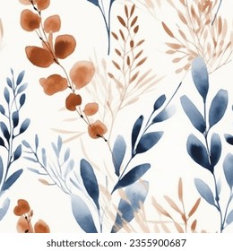 Aqua Terra French Grey Brown  Colorful Leaf Fern Flower Garden Abstract Watercolor Scandinavian Design Seamless Pattern Wallpaper Curtain Bedding Background Vector