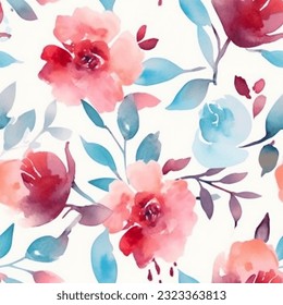 Aqua Terra Red Pink Colorful Roses Floral Watercolor Seamless Pattern Wallpaper Background Vector
