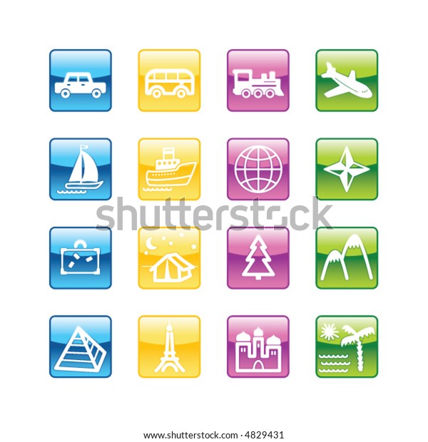 Aqua travel icons. Vector file has layers,
all icons in four versions are
included.
