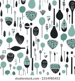 Aqua Turquoise Grey Black and White Kitchen Gadgets and Gardening Tools: Abstract Scandinavian Design Seamless Pattern