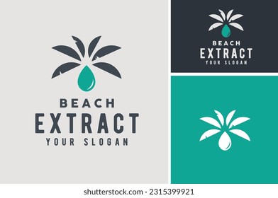 Aqua Water Drop Droplet with Palm Coconut Tree, Beauty Ocean Nature Extract Oil logo design