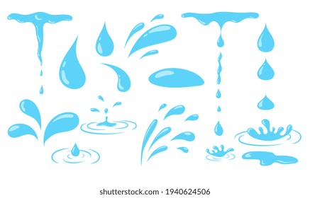 Aqua o Water deja caer la colección de iconos aislados en fondo blanco. Elementos naturales de salpicadura. Lluvia, lágrimas, sudor, gotas mojadas, rocío y otras formas. Conjunto de ilustraciones vectoriales de dibujos animados planos