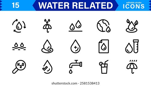 Aqua and Water Icon Pack. Clean and Professional Icons for Web, Apps, Sustainability, Marine Life, Weather, and Eco-Friendly Graphic Projects