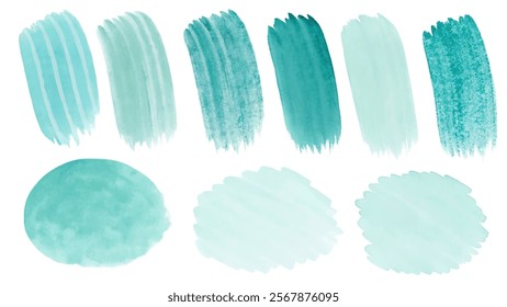 Aqua watercolor swatches, textured brush strokes, artistic color palette, creative design elements, graphic art inspiration.