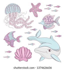 AQUA WORLD Underwater Sea Ocean Animal Cartoon Vector Set