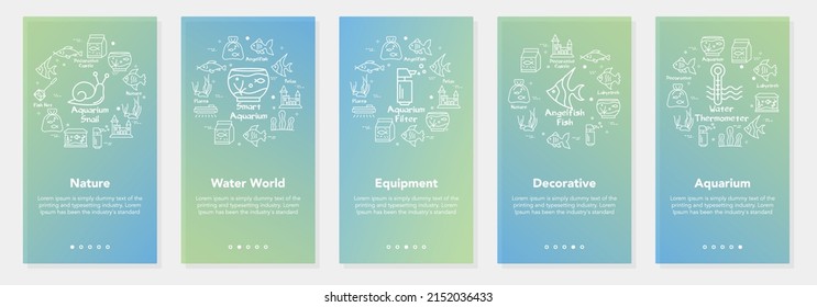 Aqua world vertical banners collection. Fish and marine linear illustration. UI banner design set for fish life and nature. Light green gradient flyer design vector